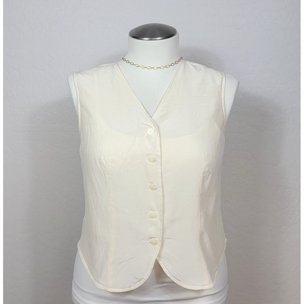 Savannah Silk Vest Women Large Cream Button Front V-Neck Tailored Sleeveless